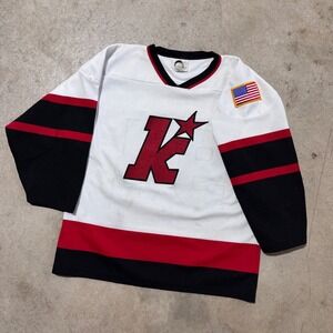 Vintage 90s Kingston Frotenancs Hockey Jersey Athletic Knit Youth XL White Retro